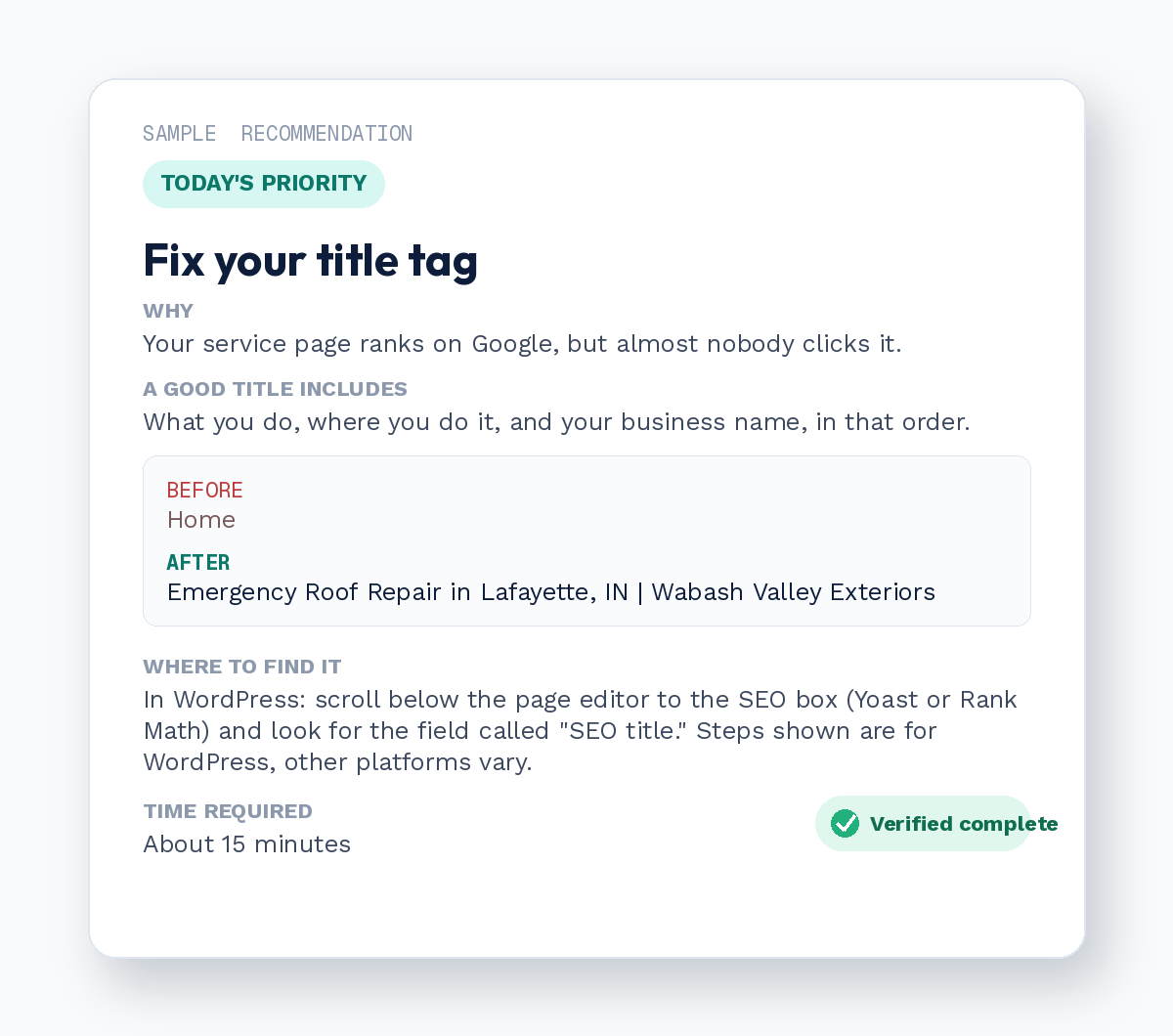 Sample MerakiBz recommendation to fix a website title tag, with a before and after example and WordPress instructions